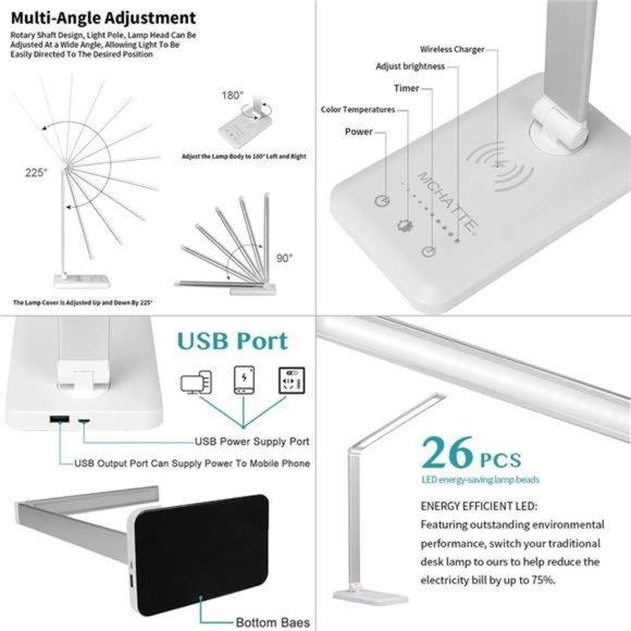 LED Desk Lamp with Wireless Charger USB Charging Port, Dimmable Brightness Modes - Picture 4 of 5